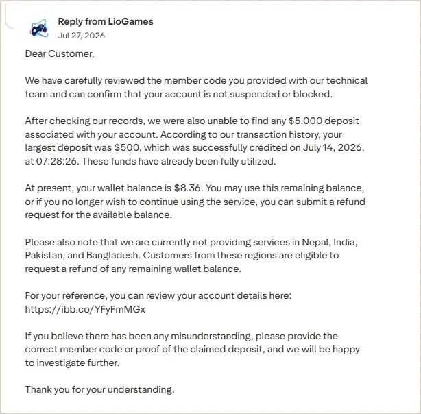 Saved LioGames public response to reseller complaint